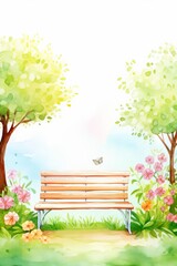 A watercolor painting of a park bench in a spring setting.
