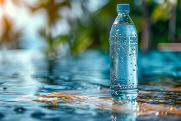 Fresh clean drinking water bottle mockup on blue summer background. Freshness and purity of life
