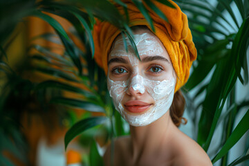 Young beautiful woman with white cream mask applied to the face skin, home and professional skin care concept. Copy space