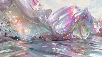 A colorful, abstract image of a wave with a rainbow-colored crest. The water is calm and the sky is cloudy