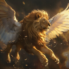 A lion as an angel, soaring with ethereal wings , hyper realistic, low noise, low texture