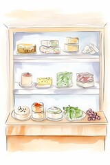 An illustration of a bakery case with a variety of baked goods on shelves.