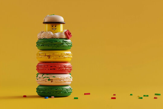 Macarons and LEGO bricks and LEGO figurines of various colors are all over the picture, colors are pink, purple, yellow, green, and brown