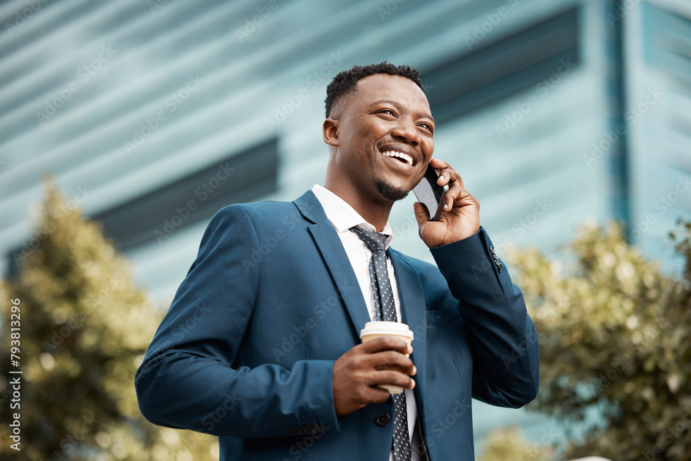 Aufkleber city, business man and mobile call in morning for networking, speaking and conversation with contact