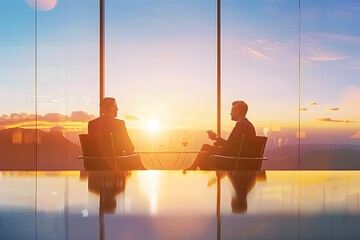 Silhouetted Executives in Boardroom Discussing Business Strategy at Sunset