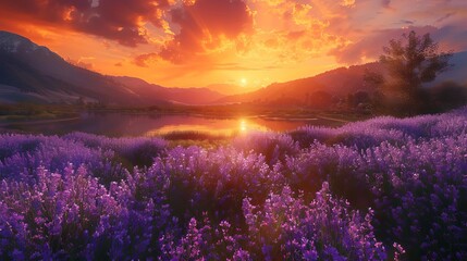 Shift to a panoramic perspective Capture a vast meadow filled with JoePye weed in full bloom, their clusters of lavender flowers swaying gently in the summer breeze The meadow slopes down towards a tr - obrazy, fototapety, plakaty