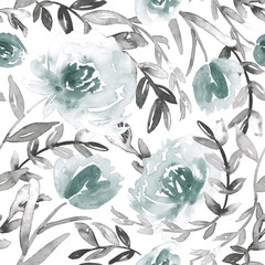 Watercolor floral in robin egg blue and grey. Seamless pattern.  - 793813235