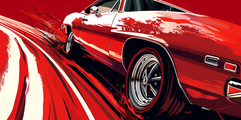 Painting of a red muscle car driving through a desert landscape