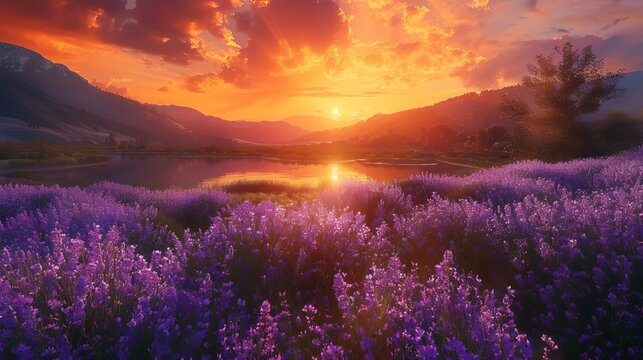 Shift to a panoramic perspective Capture a vast meadow filled with JoePye weed in full bloom, their clusters of lavender flowers swaying gently in the summer breeze The meadow slopes down towards a tr