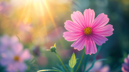 Closeup of pink flower under sunlight with copy space