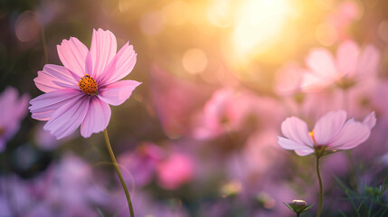 Closeup of pink flower under sunlight with copy space