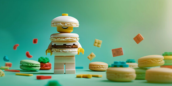 Macarons and LEGO bricks and LEGO figurines of various colors are all over the picture, colors are pink, purple, yellow, green, and brown