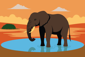 Africa, Botswana, Chobe National Park, African Elephant (Loxodonta Africana) stands at edge of water hole in Savuti Marsh vector