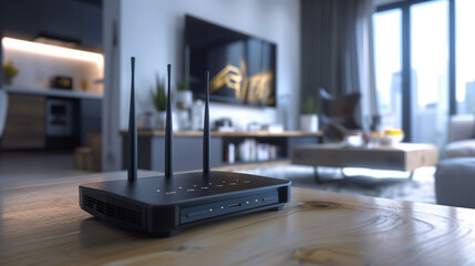 Wireless router on a wooden table in the living room.  - obrazy, fototapety, plakaty