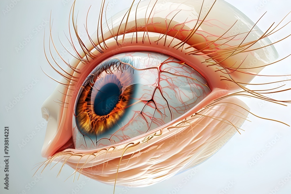 Poster highly detailed anatomical rendering of the human eye structure showcasing its intricate internal an