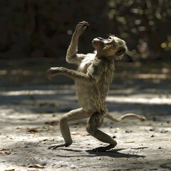 A monkey dancing in a clearing, where each step summons rhythms from the earth , hyper realistic, low noise, low texture