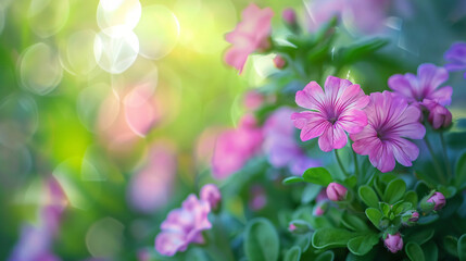 Closeup of pink purple flower on blurred greenery background