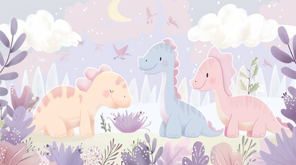 Pastel-colored illustration of cute dinosaurs in a whimsical landscape.