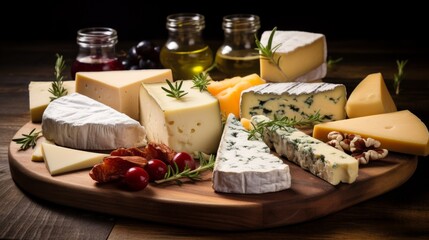 A wooden plate showcasing an array of diverse cheeses in various colors, textures, and shapes