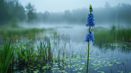 A misty white pond shrouded in fog fills the background In the foreground, a single, tall stalk of pickerel rush with brilliant blue flowers stands out starkly against the muted backdrop The scene is