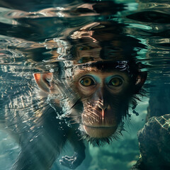 A monkey swimming in a crystalclear lake, where the water gives visions of other worlds , hyper realistic, low noise, low texture