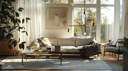 Comfortable living room, modern classic Scandinavian style house interior, with comfortable sofa couch chair, mock up decoration with poster frames on the wall.. Natural light from the window.