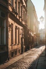 Obraz premium Charming City Street at Golden Hour, With Soft Sunlight Casting Warm Hues on The Buildings And Reflecting Off Glass Windows, Generative AI