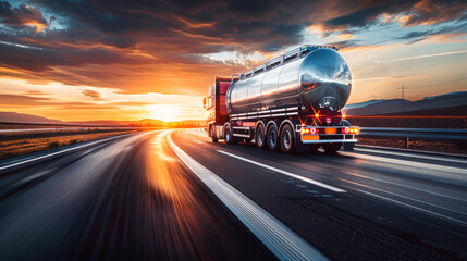 A majestic tanker truck loaded with precious petroleum products cruises down a highway at sunset, symbolizing the vital role of fuel transportation in modern industry