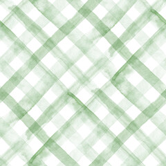 Watercolor plaid in light green - diagonal. Seamless pattern.  - 793815458