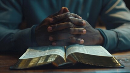 Obraz premium A pastor's hands resting on the open pages of the Bible as they lead a congregation in prayer, embodying spiritual leadership.