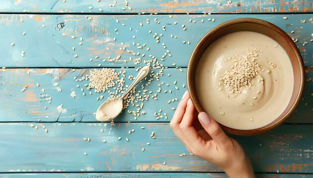 Female hand with bowl and spoon of tasty tahini on color wooden table