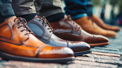 A row of mens dress shoes neatly lined up on a shelf, showcasing a variety of styles and colors