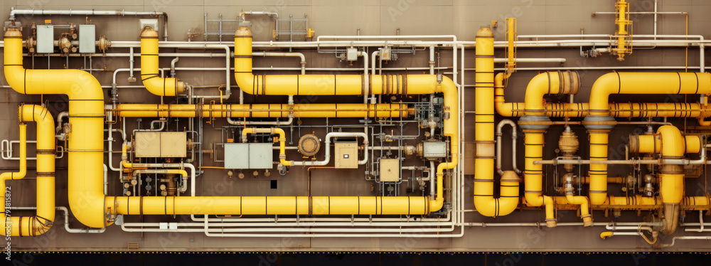Poster a network of large yellow pipes forms a complex system with valves, conveying industrial fluids in a