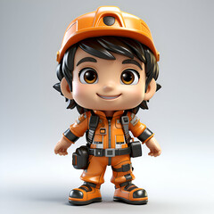 3D Render of Cute Little Boy with orange helmet and safety suit