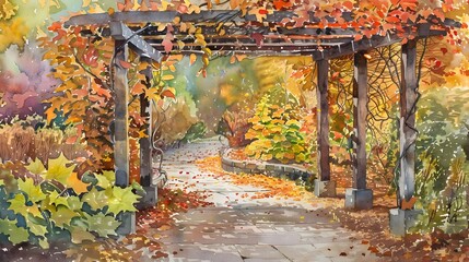 Autumnal Passage A Vine Covered Pergola in a Lush Late Season Garden