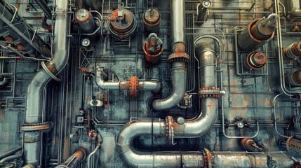 A complex network of large industrial pipes intertwining in a maze of valves and connections, showcasing the infrastructure of modern manufacturing processes