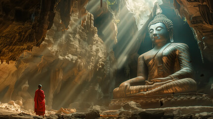 Buddhist monks engaging near serene Buddha statue in the cave. Harmony and Serenity Concept. Generative AI.