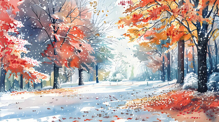Watercolor Scene of Autumn Snowfall Signaling Winter s Arrival - obrazy, fototapety, plakaty