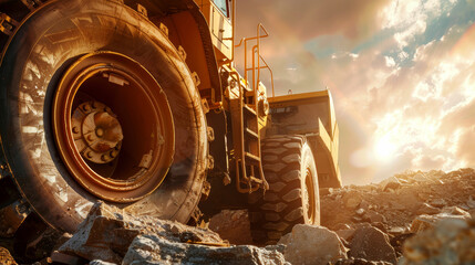 A mighty truck conquers a challenging terrain, its colossal wheels crushing rocks beneath its path on a construction site