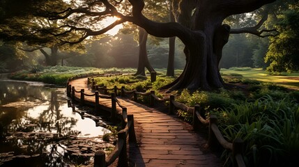 Obraz premium Winding footpath through green forest.