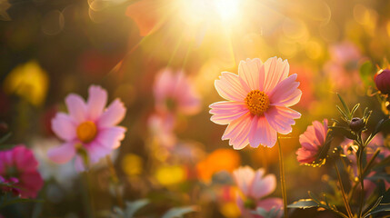 Closeup of pink yellow and orange flower under sunlight - Powered by Adobe