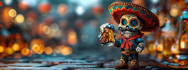 skull cartoon character 3d male with mustache and Mexican hat with big mug of beer in her hand, dancer, white background, free space for text, celebration concept, traditional