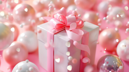 Gift box on a background of balloons. Color pink, white. Delicate background for text -09