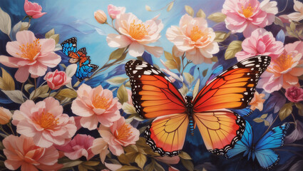 A blue and orange butterfly is resting on a flower