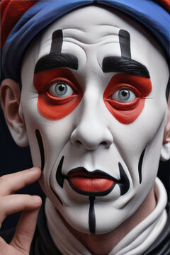 Clown is a  mime with painted face in a silent expression.