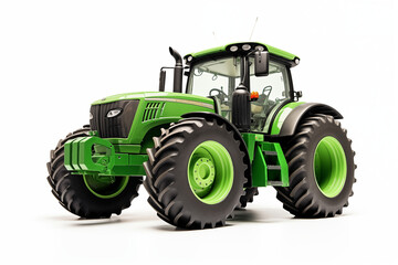 Obraz premium Agricultural green tractor on white background. Topics related to agriculture. Topics related to the agricultural world. Image for graphic designer. Agricultural job offer. Organic farming.