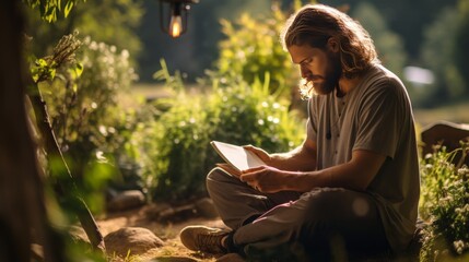 A man with contemplative expression reading a book while seated on the ground - Powered by Adobe