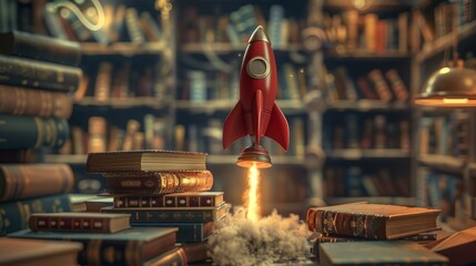 Education's journey visualized as a red rocket blasting off from a sea of books - obrazy, fototapety, plakaty