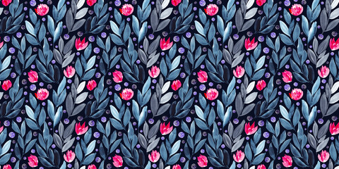 Watercolour floral in pink, blue and black. Seamless pattern.  - 793817021