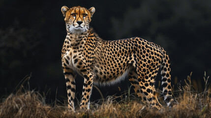 Obraz premium Majestic full body view of a cheetah against a dark nature background, showcasing the beauty and marvel of this magnificent predator in its natural habitat.
